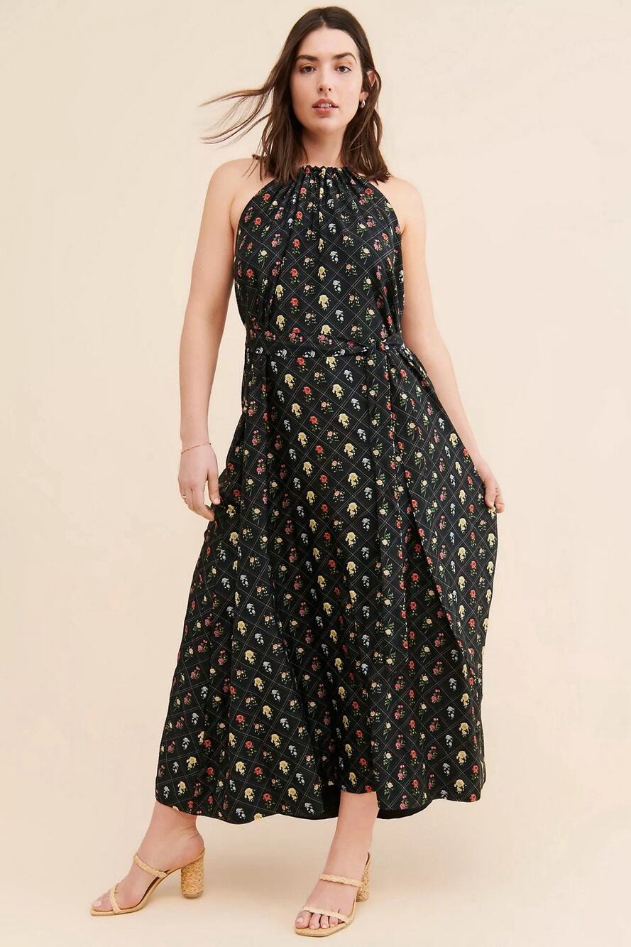 Rachel Antonoff Anthropologie Rainey Silk Floral Halter Maxi Dress Black 1X
